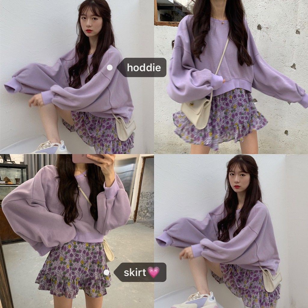 (ORDER) Set áo nỉ nữ form rộng ngắn màu tím+ Chân váy voan xòe hoa nhí điệu đà Hàn Quốc - Có ảnh thật