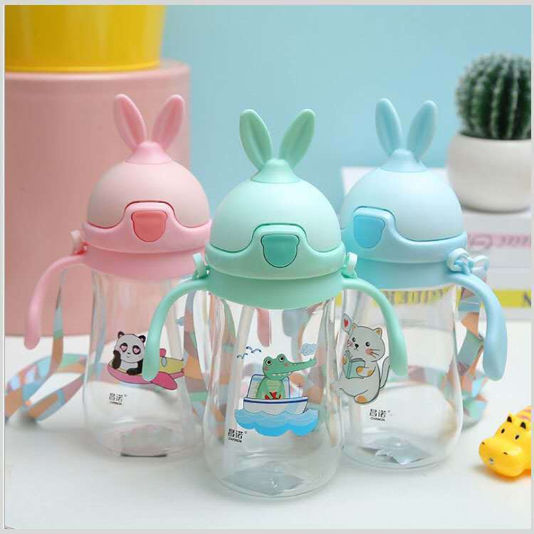 Bình Tập Uống Nước Cho Bé Có Dây Đeo 280ml Hình Tai Thỏ