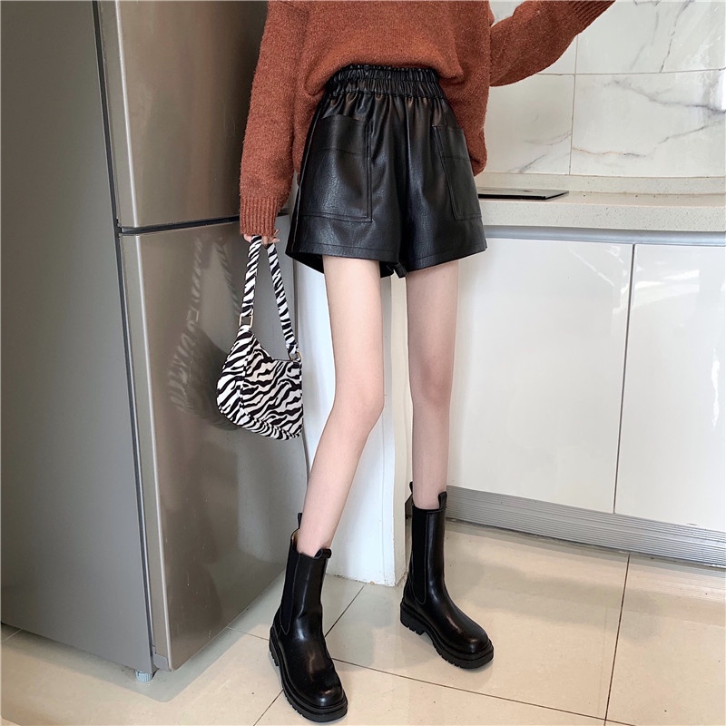 Sale 68% Quần Short Da Lưng Cao Ống Rộng Thời Trang Thu Đông Cho Nữ, black,S Giá gốc 423000đ - 10M20