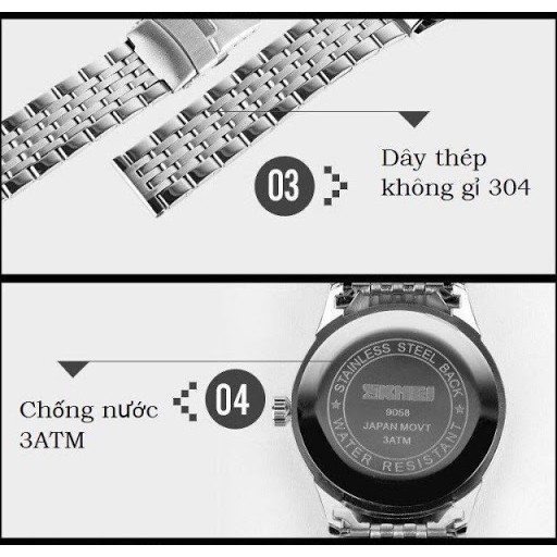 (Giá sỉ) Đồng hồ nam thời trang dây thép không gỉ Skmei 9058 chống nước 30m máy chạy 3 kim,hiển thị lịch ngày tự động