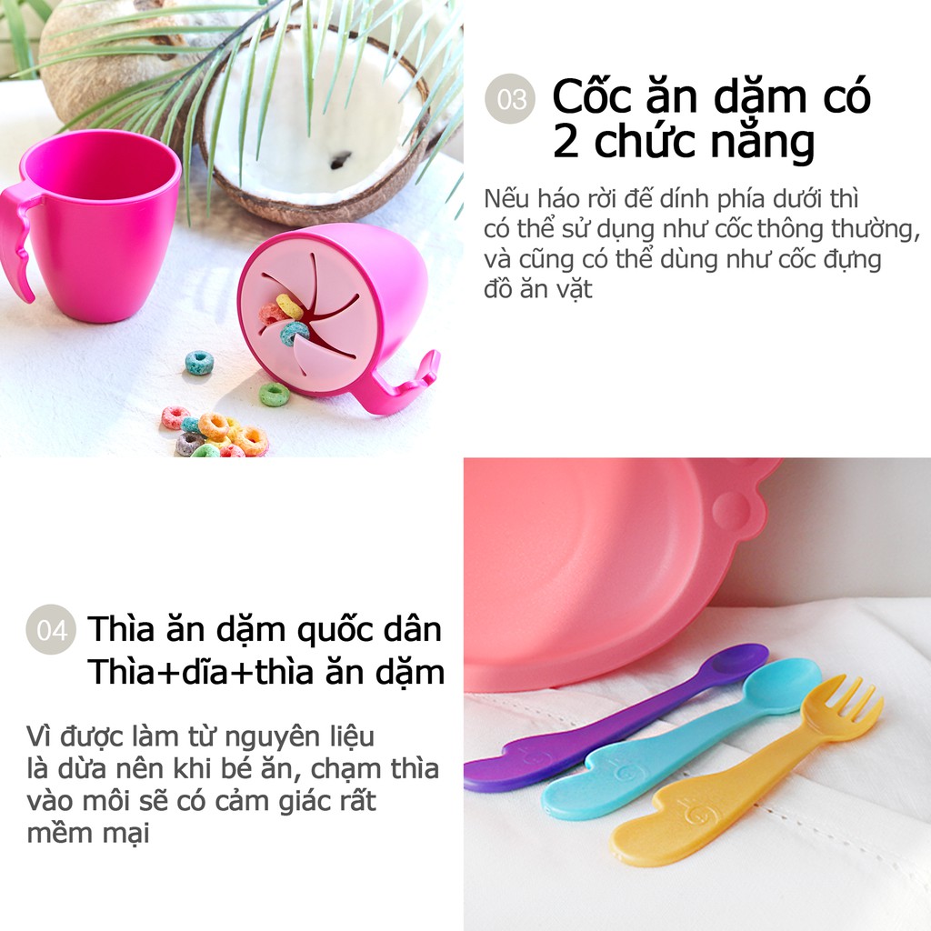 Set khay ăn dặm 10 món UINLUI làm từ quả Dừa, an toàn cho bé