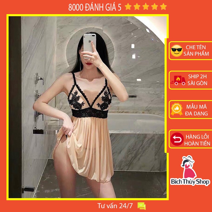 Váy ngủ sexy xuyên thấu ren hoa ngực kèm chip ren gợi cảm