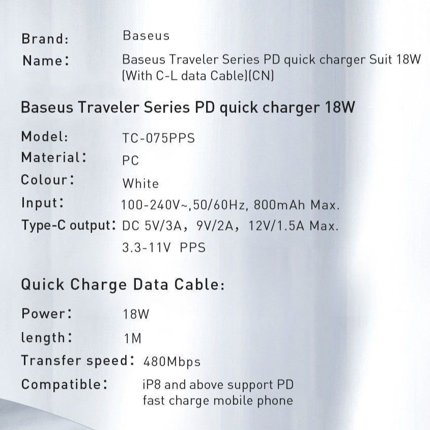 Bộ sạc nhanh du lịch đa năng Baseus Traveler Series PD/ QC3.0 18W dùng cho iPhone (Combo Củ sạc + Cáp C to Ligntning)