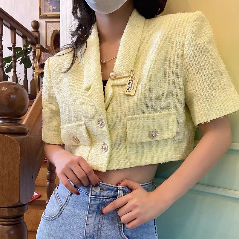 Áo croptop tweed cho nữ dáng ngắn khuy ngọc