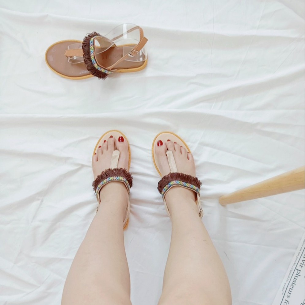 Giày sandal kẹp thổ cẩm màu kem đi biển phong cách vintage [Hoàn Xu]