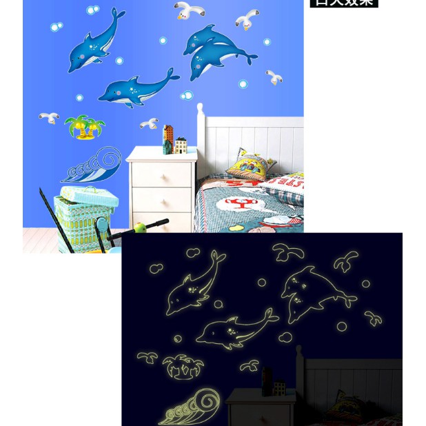 Decal trang trí bốn chú cá heo- DẠ QUANG