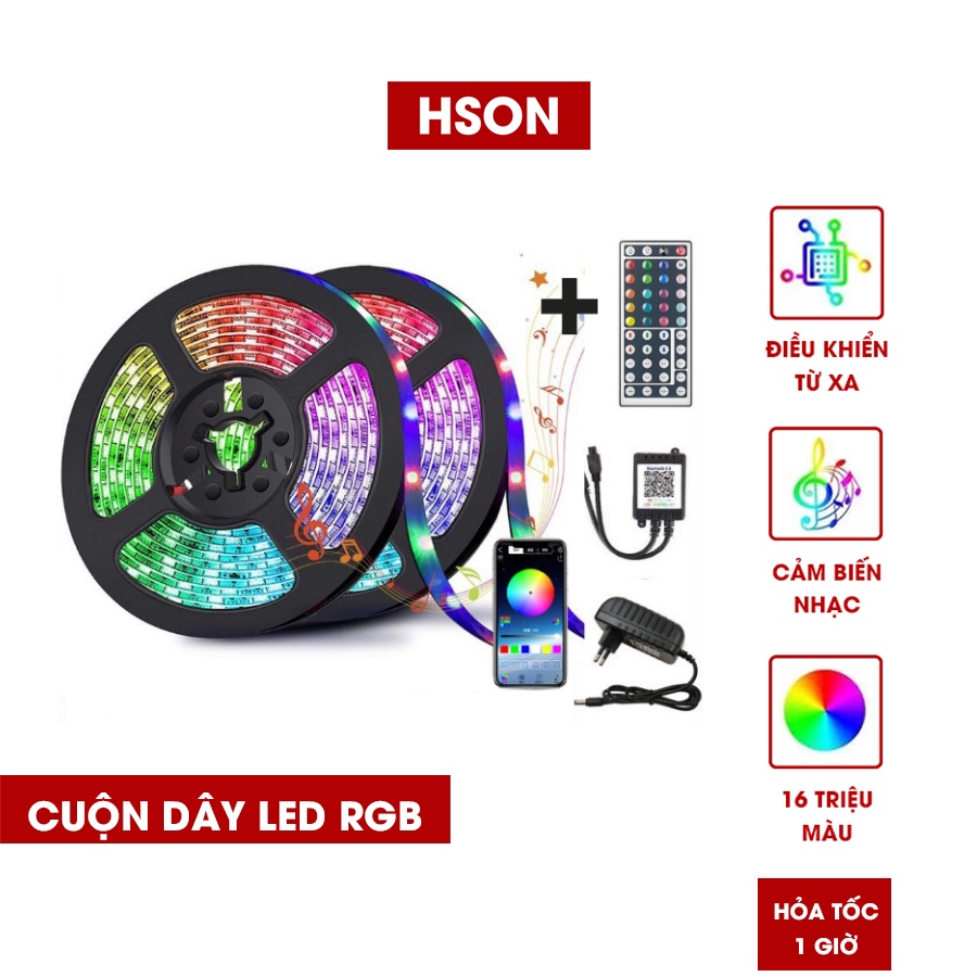Cuộn dây led RGB dán decor phòng, gồm 16 triệu màu, dây led cảm biến theo nhạc, dây led HSON bọc silicon cao cấp
