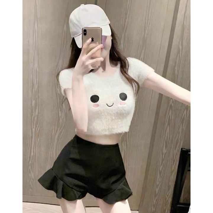Áo Croptop phối lông in hình siêu xinh Cam Kết Hàng Y Hình ( Size từ 40-53kg)