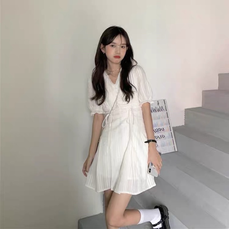 Đầm trắng dáng ngắn rút dây eo dễ thương phong cách HQ 🌥