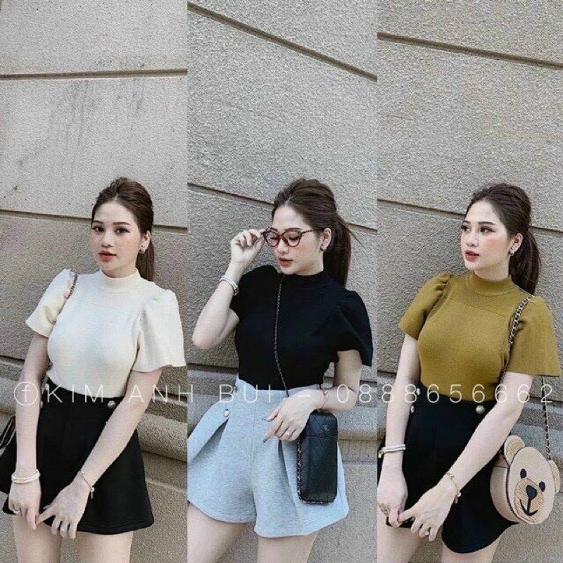 Áo Len Cổ 3 phân Tay Bồng Cánh Tiên Phối Đồ Siêu Xinh