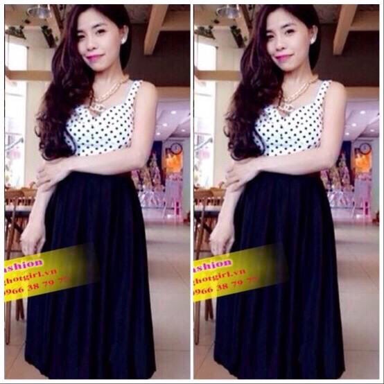 Sale: Đầm xòe phối bi đính nơ eo - Size M