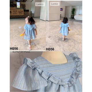 H056 váy xanh bé gái lennco bèo, ren, kẻ sọc