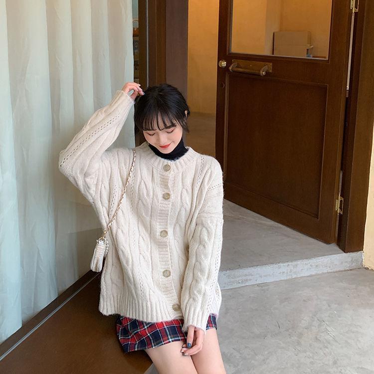 Áo Khoác Cardigan Dệt Kim Tay Dài Dáng Rộng Cổ Tròn Kiểu Hàn Quốc Thời Trang Thu Đông Cho Nữ