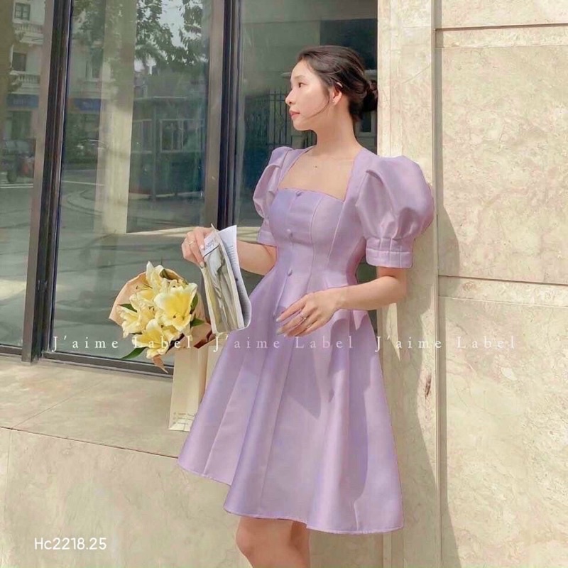 G1/ đầm xoè phồng nút bọc khoét lưng , 3 màu, chất phi tapta