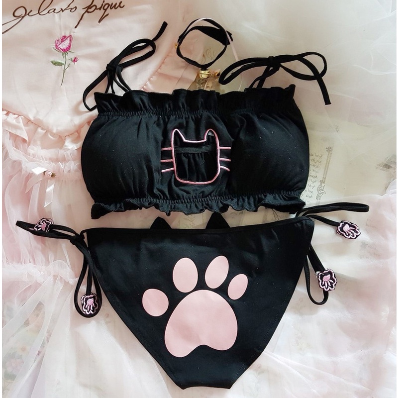 Set đồ lót cotton phối ren hóa trang mèo dễ thương quyến rũ