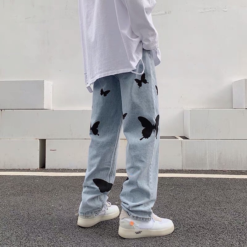 Quần bò jeans ống rộng hoạ tiết ngài đen màu xanh nhạt unisex Ulzzang hiphop siêu chất ❤️
