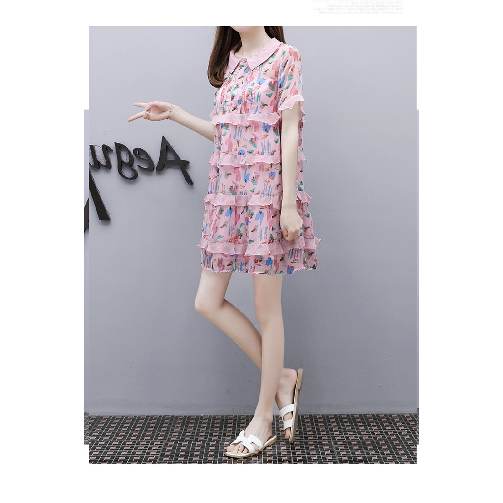 Lady's New Loose Doll Collar Chiffon A-line Dress Women Summer Pink Floral Dress