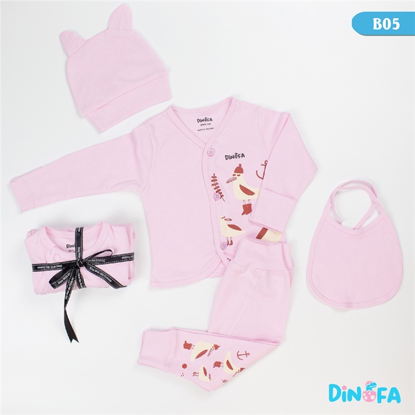 Bộ quần áo sơ sinh đồ bộ bé trai bé gái cotton dài tay, cúc thẳng, Set 4 món cho trẻ sơ sinh 0-3m, họa tiết con cò_B05