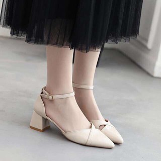 Giày sandal cao gót thời trang mũi nhọn,giày cao gót nữ đế vuông cao 3p fom chuẩn size 35-40 màu đen, kem
