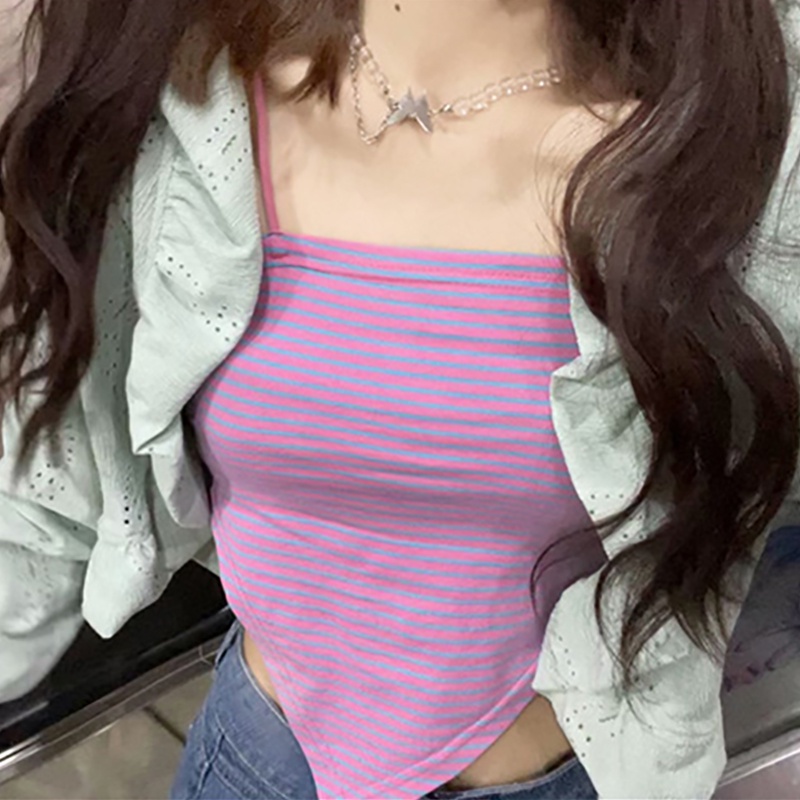 Áo Croptop Hai Dây Dệt Kim Họa Tiết Kẻ Sọc Thời Trang Cho Nữ