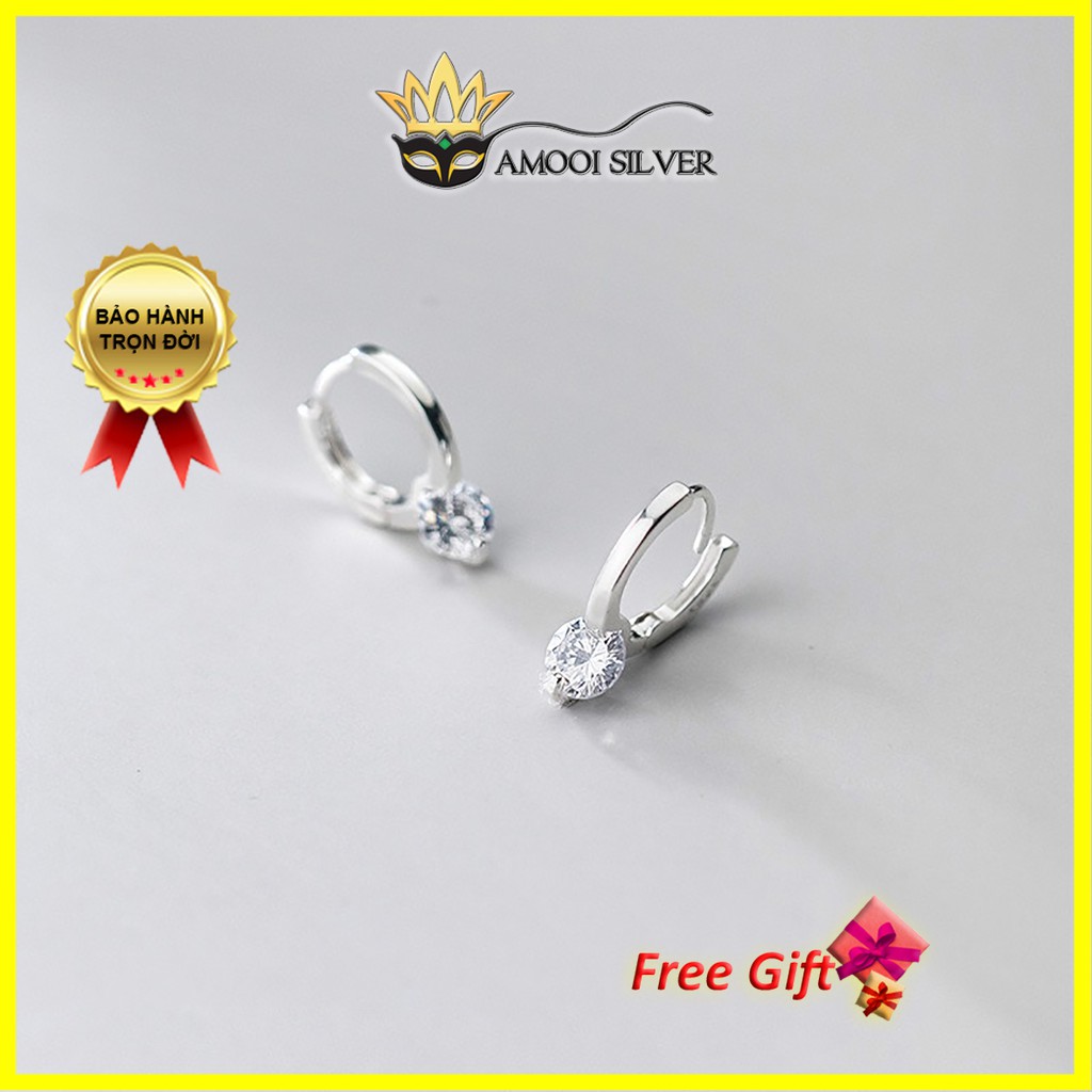 Bông tai bạc S925 khoen tròn 1 viên đá đường kính 10mm - Amooi Silver AB181