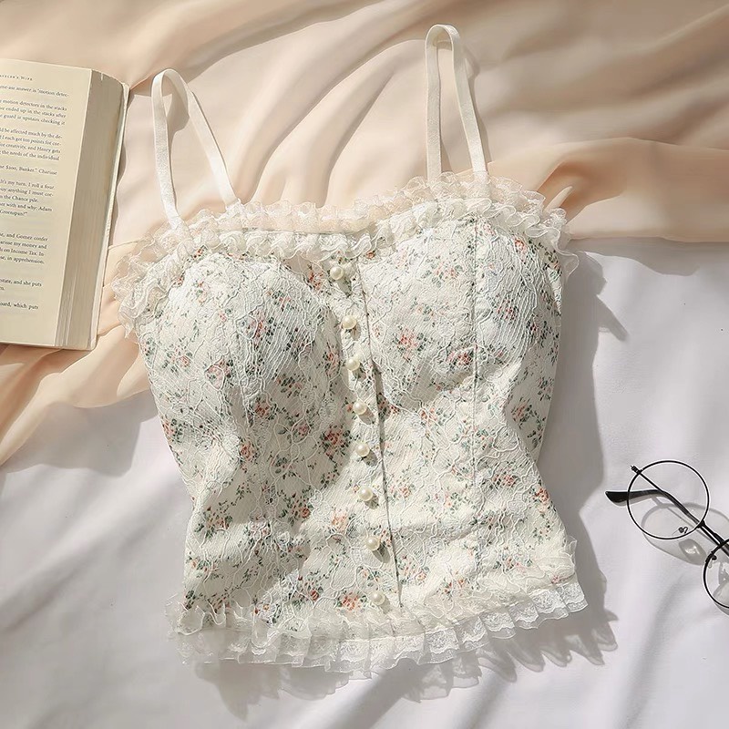 Áo Croptop Ôm Body 2 Dây, Phối Ren Họa Tiết Hoa Nhí Sexy alohashop91
