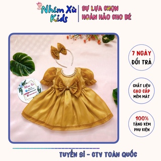 C Váy Tơ Vàng Lấp Lánh Cho Bé Gái 4 Đến 28kg, Đầm Bé Gái Tặng Kèm Cài [V019]