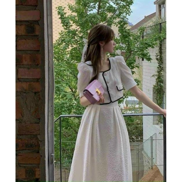 TTO Set váy nữ áo croptop trắng viền né đen phối chân váy xòe tiểu thư dự tiệc đám cưới nina lê