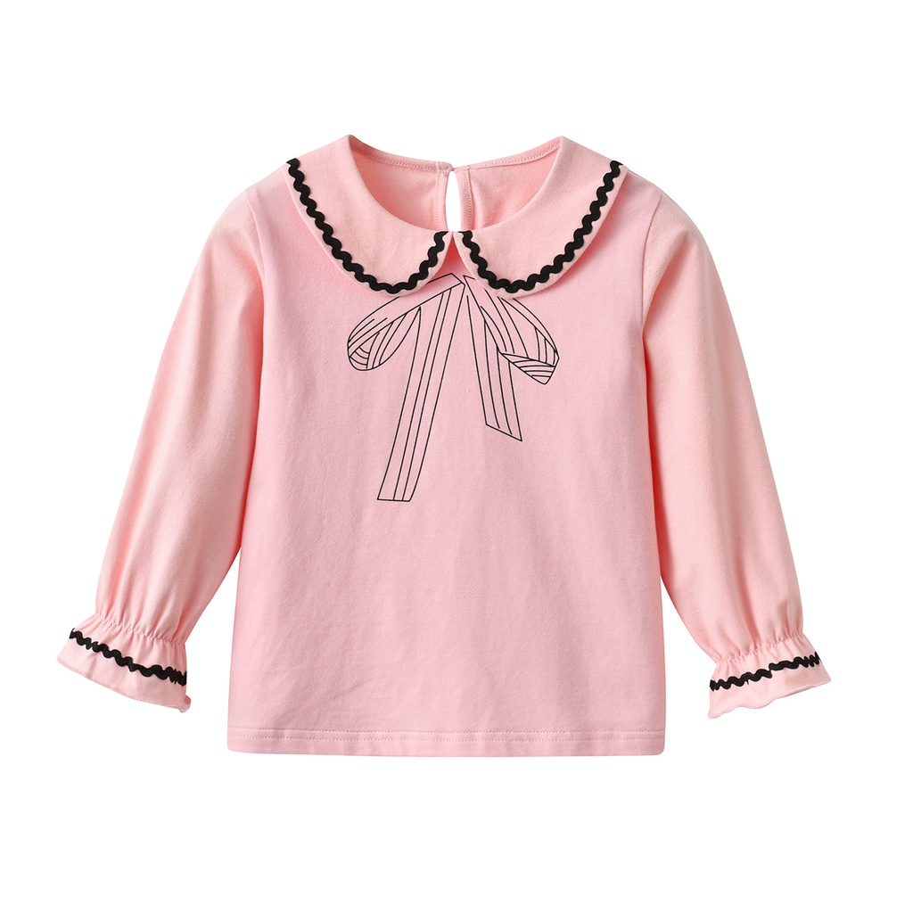 Áo Sơ Mi Tay Dài Cổ Búp Bê Đính Nơ Xinh Xắn Cho Bé Gái