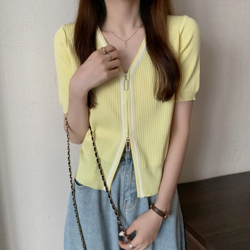 Áo cardigan ZHELIHANGFEI dệt kim tay ngắn cổ chữ V phối màu tương phản thời trang mùa hè 2022 cho nữ