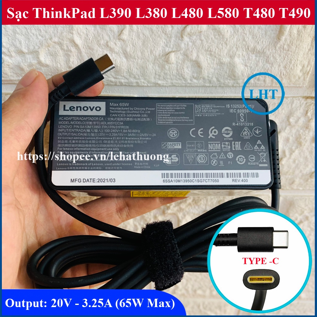 Sạc Laptop Lenovo TYPE C 20V - 3.25A 65W (Chân USB-C) cho ThinkPad L390 L380 L480 L580 T480 T490 E490 T580 E15 yoga 720