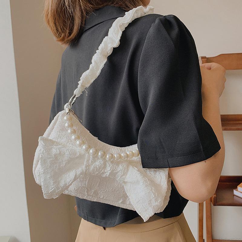 Túi Xách Nữ Túi Đeo Vai Kẹp Nách Màu Trơn Đính Nơ Ngọc Trai Thời Trang Mùa Hè Phong Cách Hàn Quốc