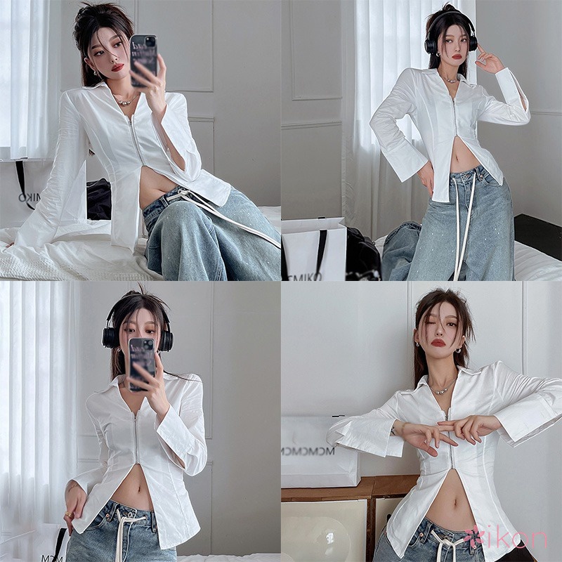 Áo Sơ Mi Màu Sắc Trơn Dáng Ôm Xẻ Tà Thời Trang Hàn Quốc Cho Nữ