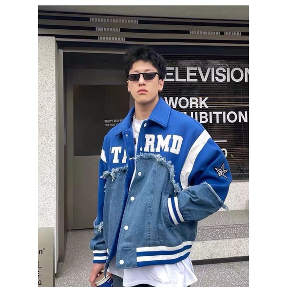 Áo Varcity Vải dạ tay da 2 lớp họa tiết thêu phối jean