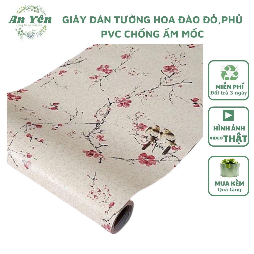 Giấy dán tường khổ 1m20 hoa đào đỏ,giấy dán tường phủ pvc có keo sẵn chống ẩm mốc