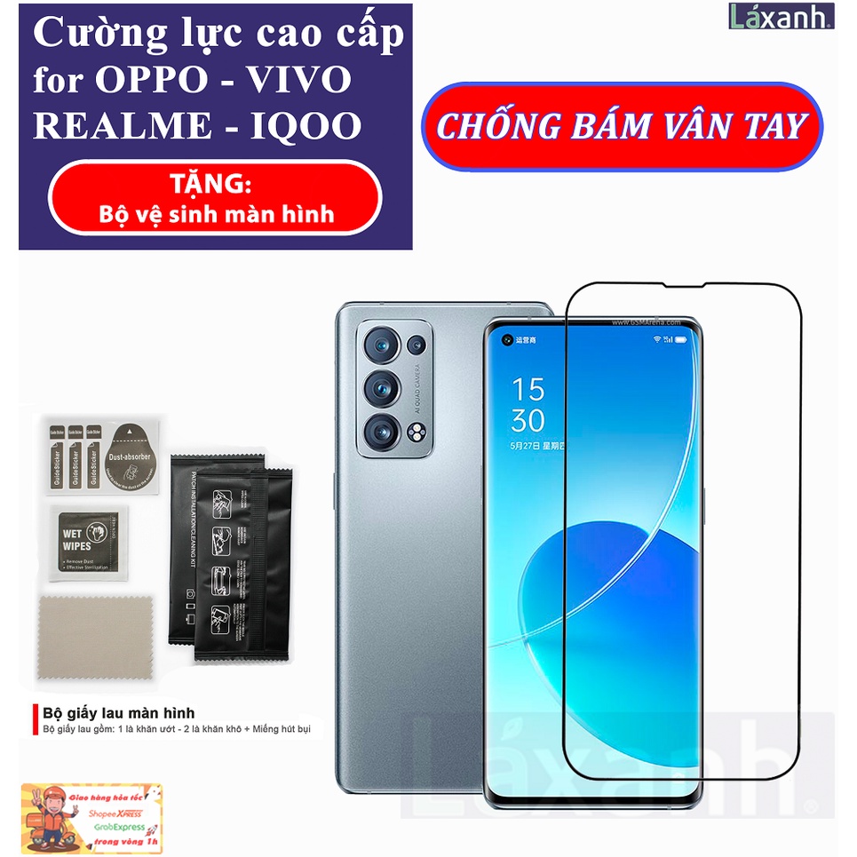 OPPO VIVO REALME iQOO || Cường lực full màn cao cấp chống mồ hôi tay Reno 2f 4 5 6 A93 C3 A92 A94 Vivo Y2 Y3 Z5