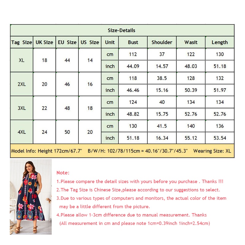 Xiangbao Đầm Midi Không Tay Cổ Chữ V In Hoa Cỡ Lớn Phối Túi Thời Trang Cho Nữ