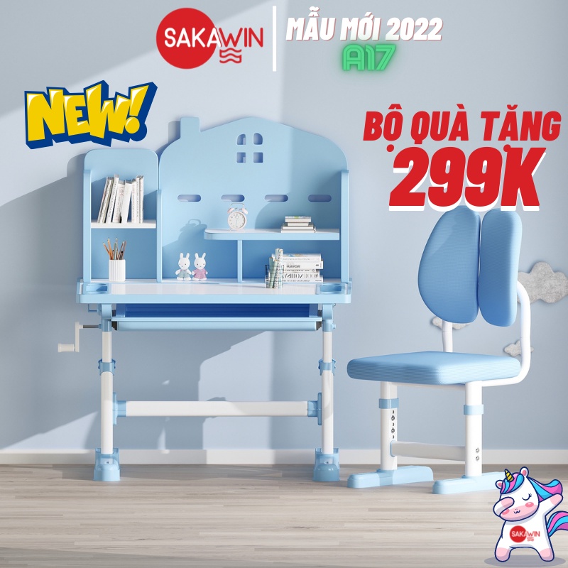 (Mẫu mới 2022) Bàn học cho bé Sakawin A17, Bàn chống gù có giá sách Giá nhập, Bàn học trẻ em từ 3 tuổi tới lớn