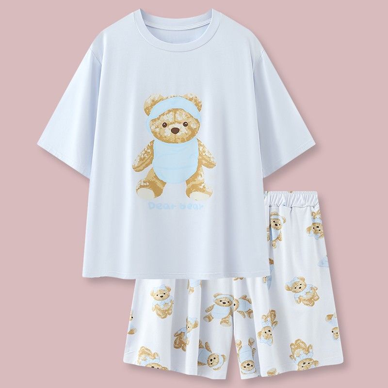 Bộ Đồ Ngủ Tay Ngắn Dáng Rộng In Họa Tiết Hoạt Hình Chú Gấu Dễ Thương Thời Trang Mùa Hè Cho Nữ Size M-2XL