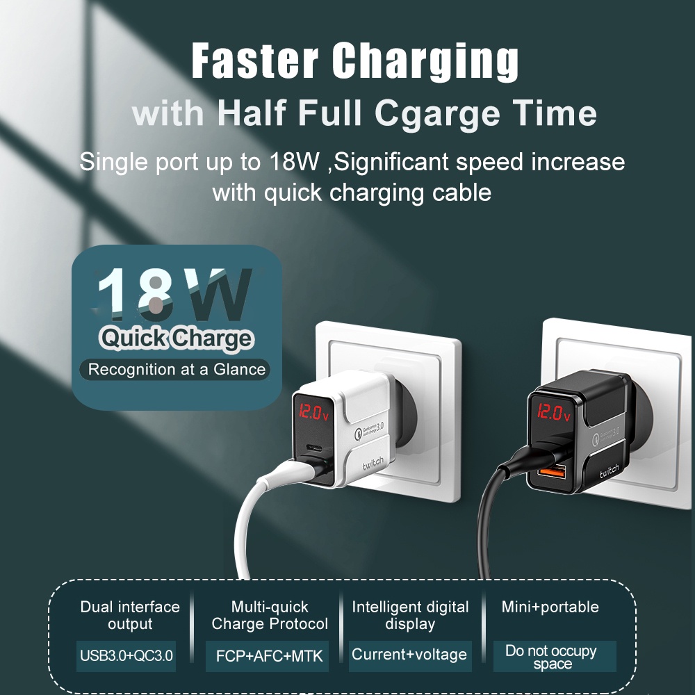 Tẩu Sạc Nhanh 18W Hai Cổng USB QC 3.0 Hiển Thị LED Kỹ Thuật Số Gắn Tường