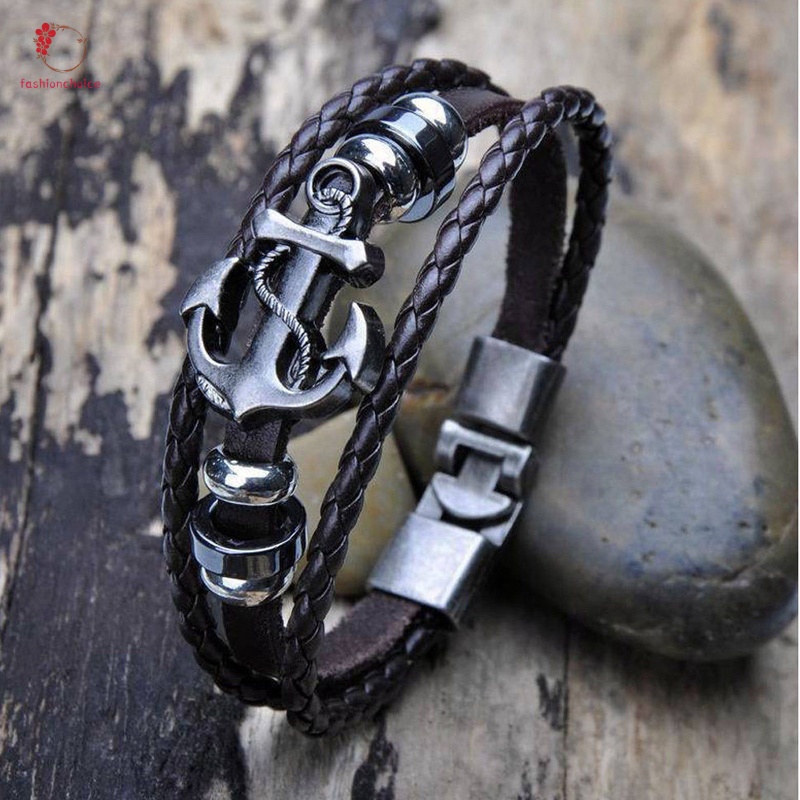 Men Fashion Cool PU Metal Anchor Bracelet Wristband Gifts Jewelry