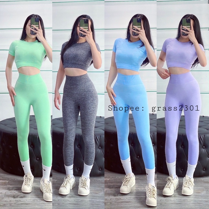 Set quần áo tập gym nữ BT áo croptop + quần legging thâm hút mồ hôi