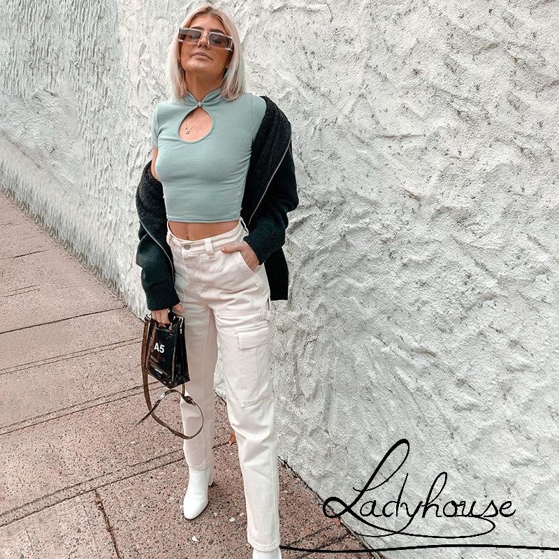 LD-Women´s Short Sleeve Top, Round Neck Hollow Out Solid Color Exposed Navel T-Shirt