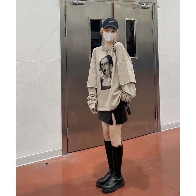 Áo thun nữ dáng rộng tay dài in hình đơn giản thời trang Hàn Quốc