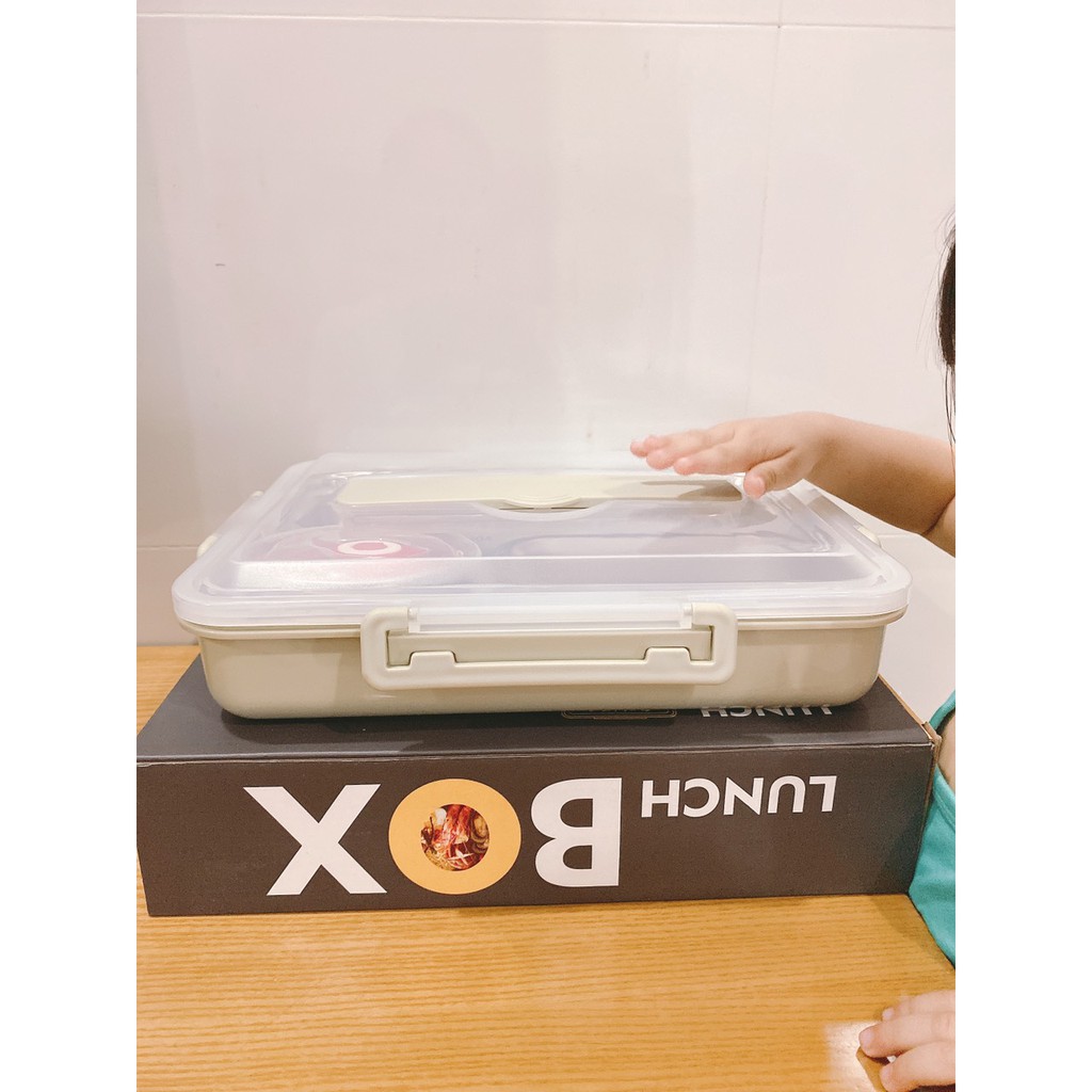 Hộp Cơm Văn Phòng Inox Bọc Nhựa 5 Ngăn Chịu Nhiệt Lò Vi Sóng Gọn Nhẹ Cao Cấp Kèm Bộ Thìa Đũa Inox