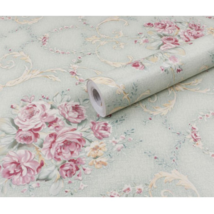 Cuộn 10m giấy dán tường hoa chùm hồng cổ điển xanh khổ rộng 45cm
