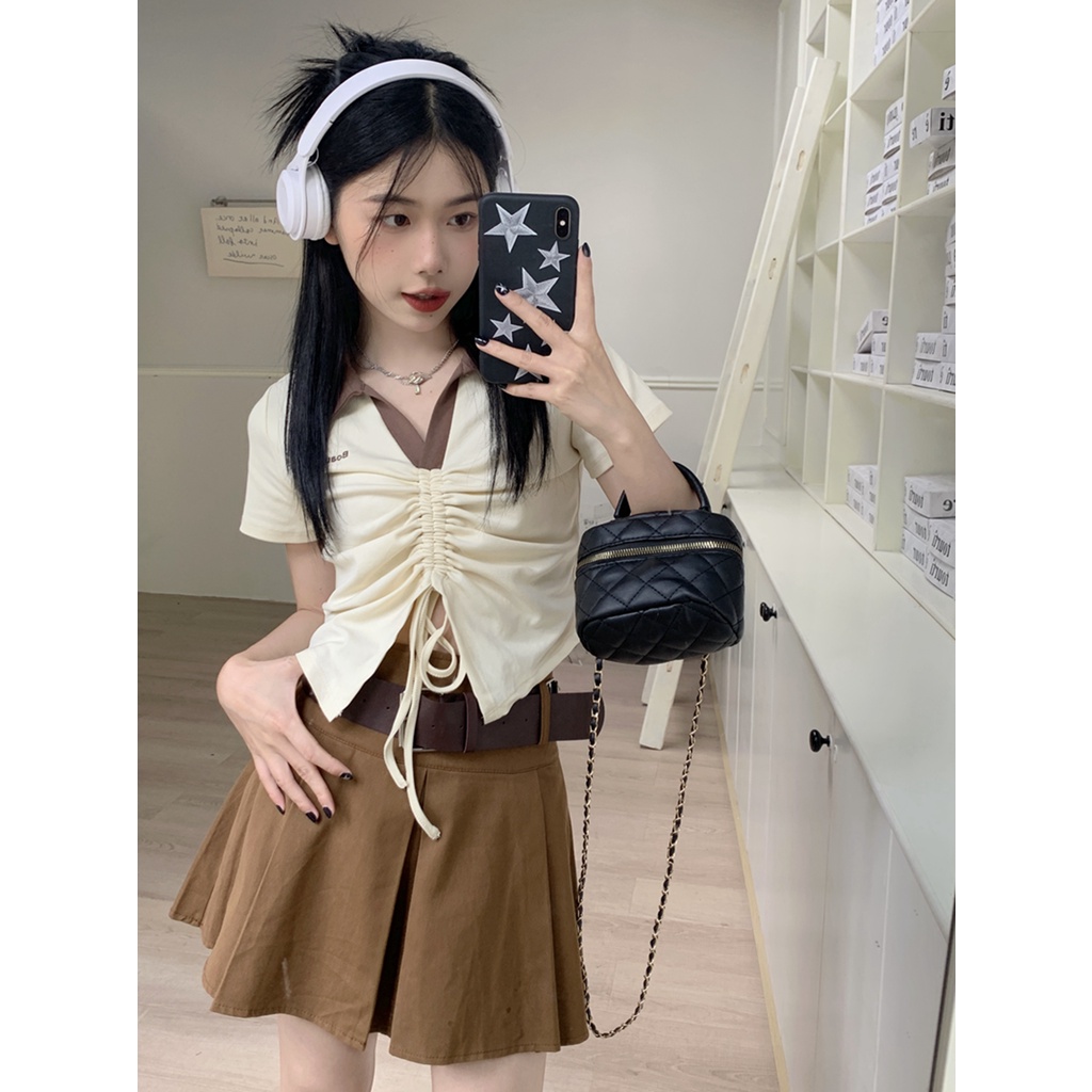 áo croptop kiểu ngắn tay cổ chữ v thiết kế dây rút thêu họa tiết phong cách mới mùa hè cho nữ