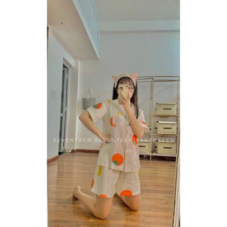 Set bộ đồ ngủ pijama cộc tay quần đùi quả hồng thô Hàn so cute