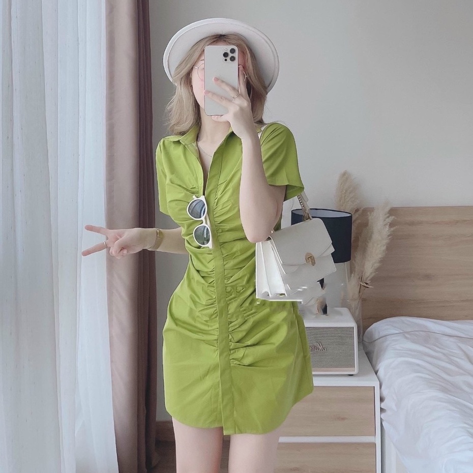 Đầm sơ mi nữ thời trang stclothing  thiết kế nhún eo cài nút st 75- mẫu mới