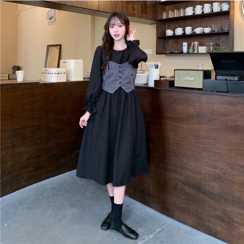 Đầm ZHELIHANGFEI đen tay dài nhấn eo tôn dáng phong cách retro hợp thời trang